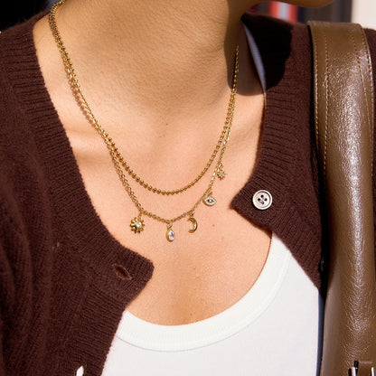 18K vergulde hemelse dubbellaagse bedelketting | Waterdichte zon maan ster en boze oog gelaagde ketting | Boho gouden bedelketting set
