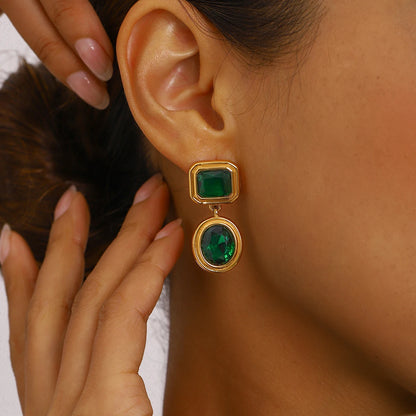 18K Gold Plated Geometric Drop Earrings for Women – Waterproof Tarnish Free Stainless Steel (Green or Clear Stone)