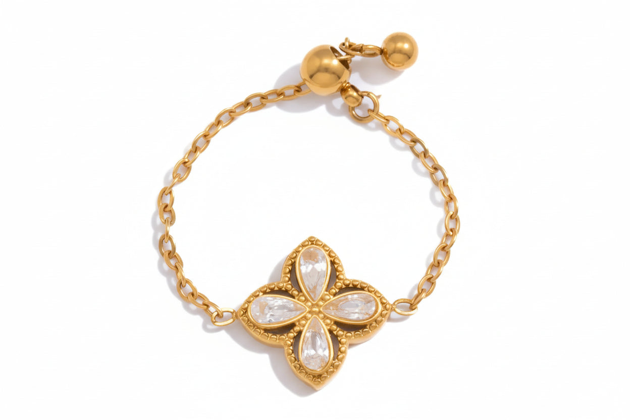18K Gold Plated Adjustable Chain Ring with CZ Stone | Waterproof Dainty Gold Chain Ring | 6 Styles — Round, Heart, Square, Oval, Teardrop & Flower