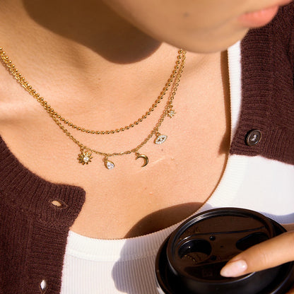 18K vergulde hemelse dubbellaagse bedelketting | Waterdichte zon maan ster en boze oog gelaagde ketting | Boho gouden bedelketting set