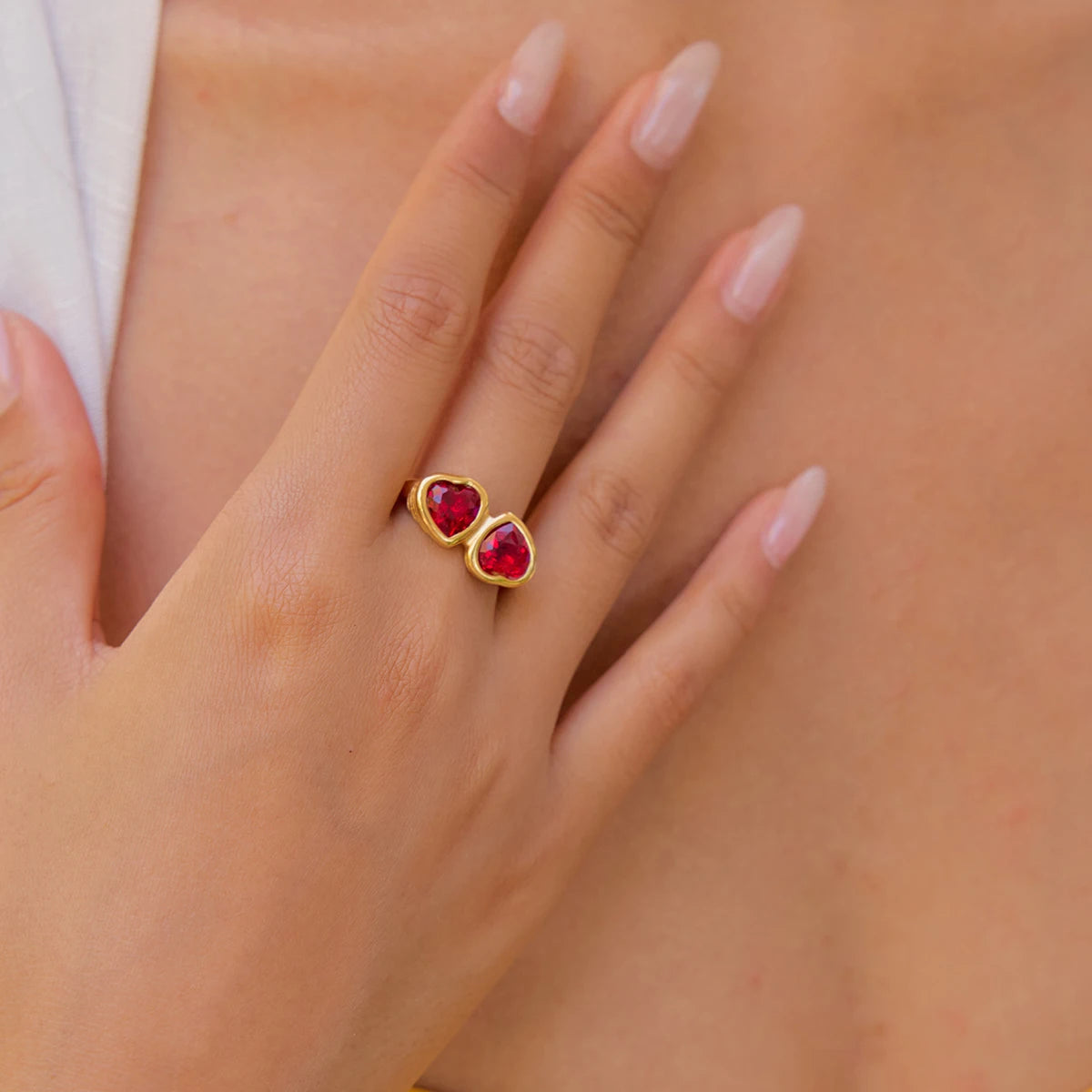 18K Gold Plated Double Red Heart Crystal Ring | Waterproof Toi et Moi Statement Ring | Bezel Set Heart Ring