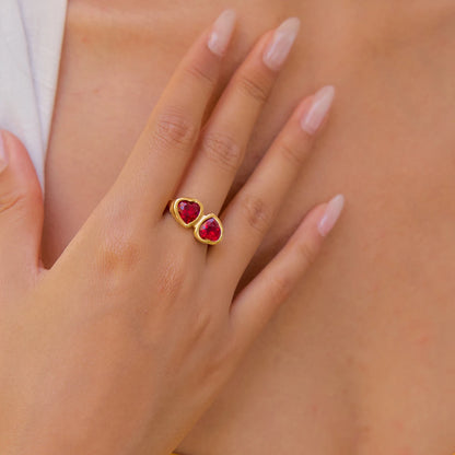 18K Gold Plated Double Red Heart Crystal Ring | Waterproof Toi et Moi Statement Ring | Bezel Set Heart Ring