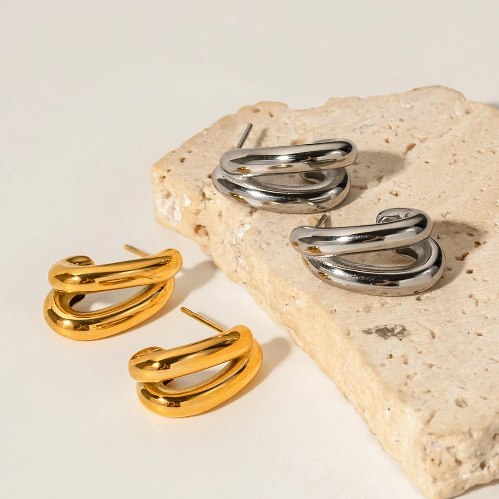 18K Gold Plated Double Hoop Stud Earrings for Women – Waterproof Tarnish Free Stainless Steel Jewellery