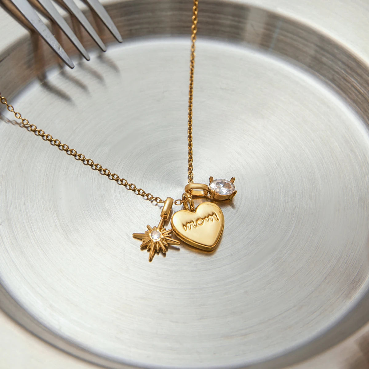 Dainty Gold "MOM" Heart Charm Necklace | Mother's Day Gift & Solitaire
