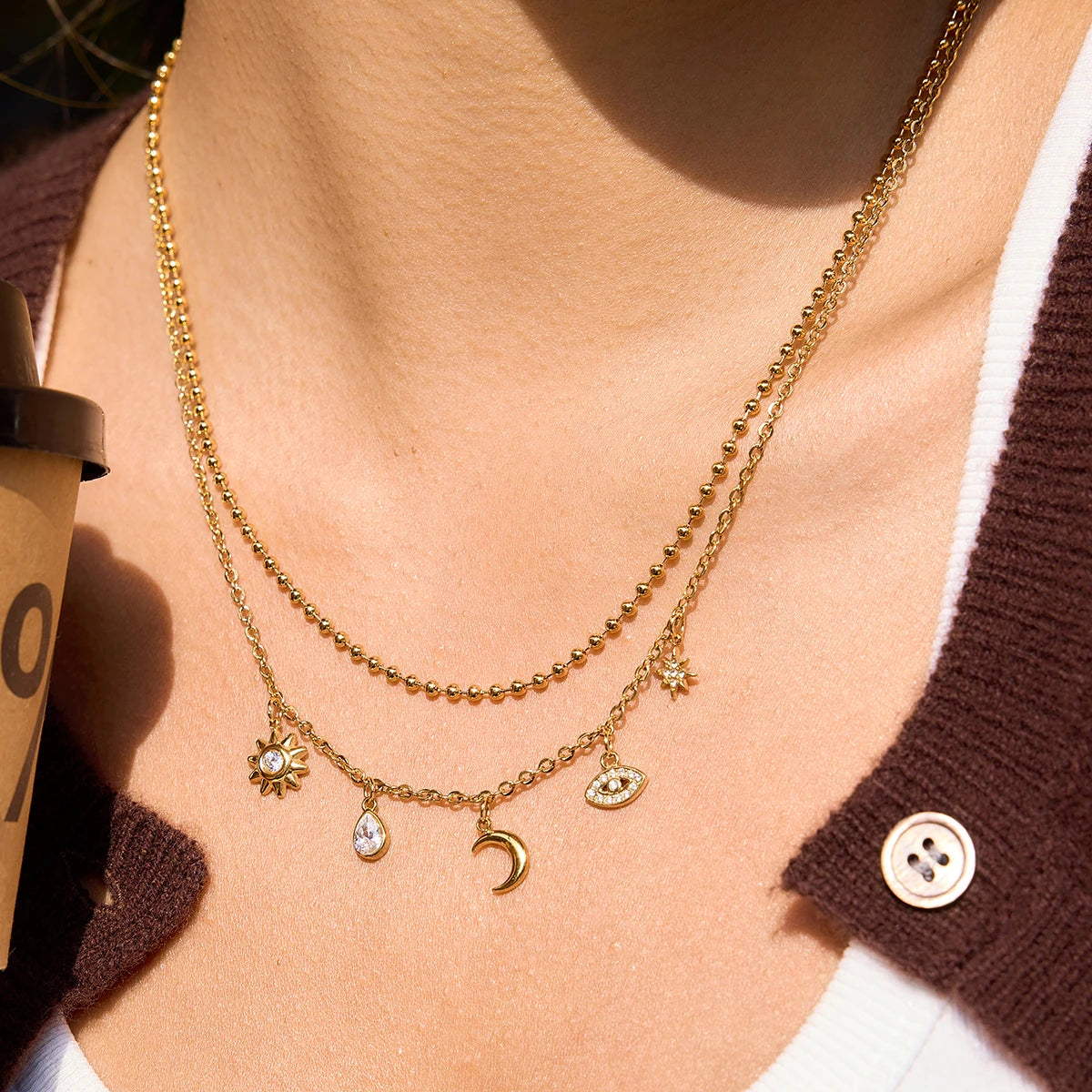 18K vergulde hemelse dubbellaagse bedelketting | Waterdichte zon maan ster en boze oog gelaagde ketting | Boho gouden bedelketting set