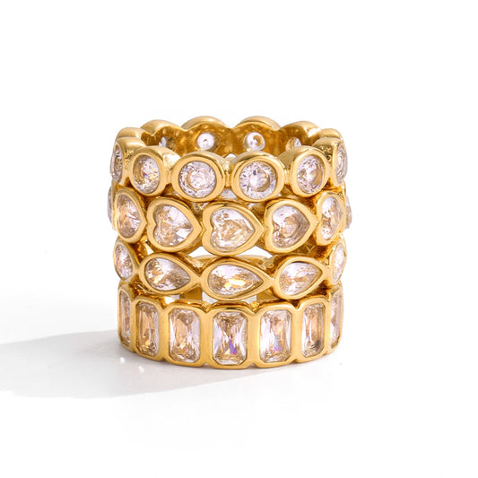 Luxury Gold Stacked Ring Set – Multi-Shape Crystal Bands (Heart, Round, Teardrop, Baguette)