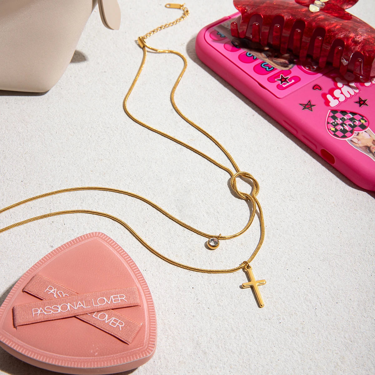 Gelaagde Gouden Kruisketting | Slangenketting Knoop & Solitaire Druppel