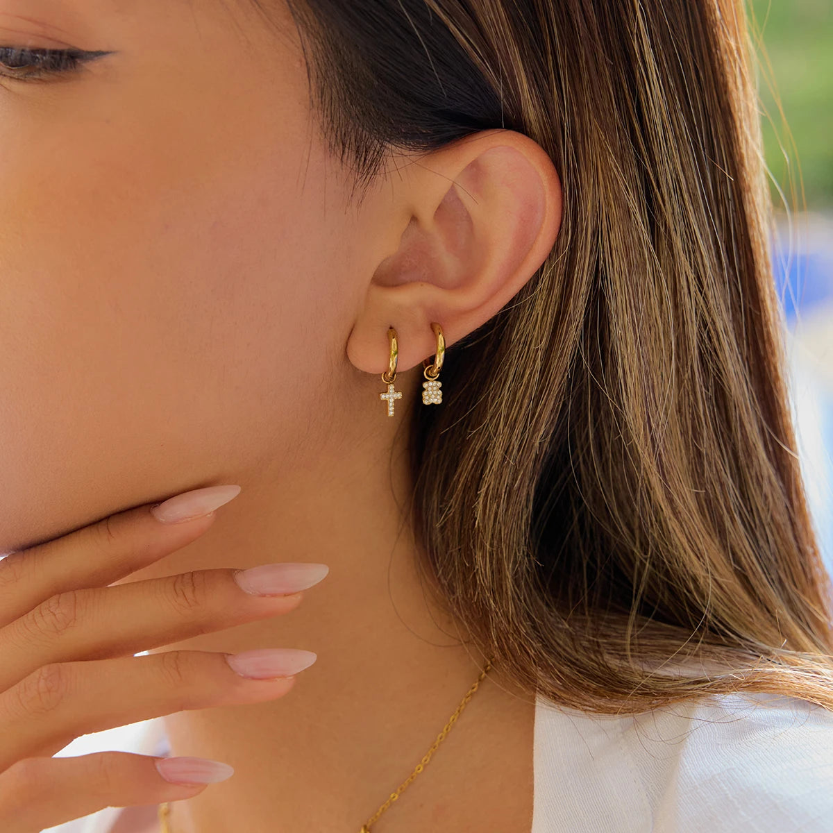 Cherry, Cross & Star Charm Huggie Hoop Earrings for Women – Gold Plated Waterproof Tarnish Free Stainless Steel Jewellery