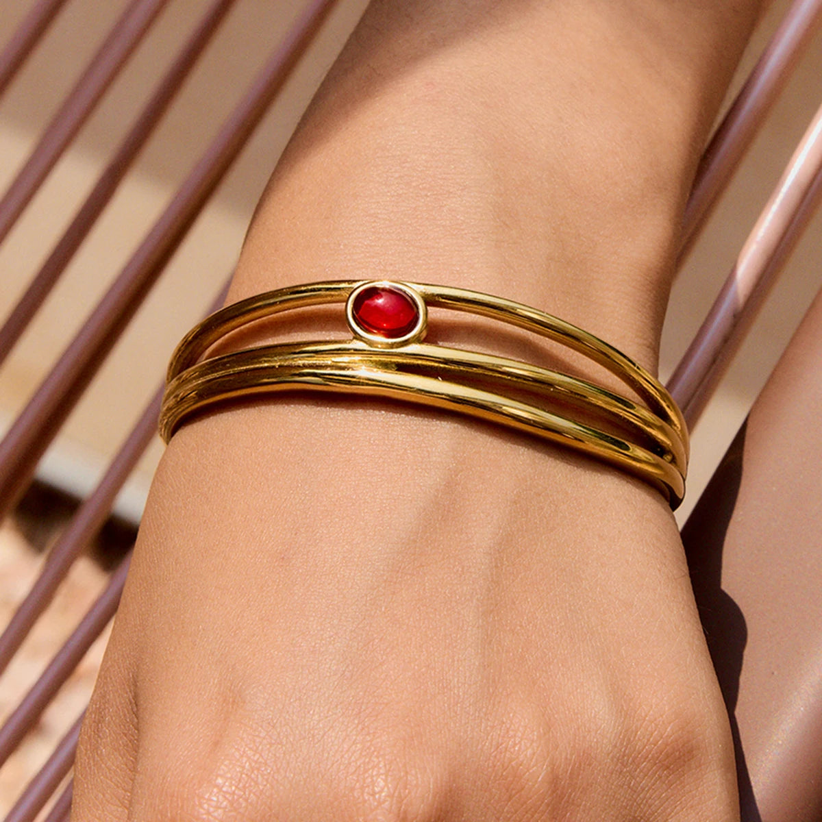 Gold Red Stone Bangle Bracelet for Women | Waterproof Gold Plated Statement Jewellery