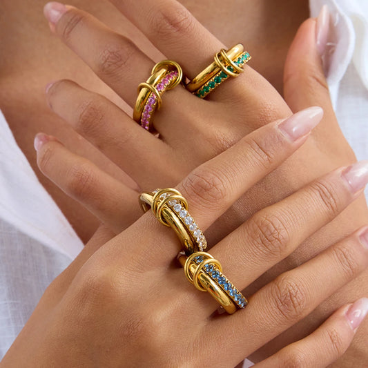 Luxury Multi-Layer Gold Ring with Colored Zircon Stones – White, Green, Pink & Blue | Adjustable Stacking Fashion Ring