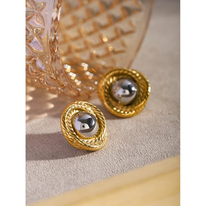 18K Gold Plated Textured Round Stud Earrings for Women – Waterproof Tarnish Free Stainless Steel Jewellery