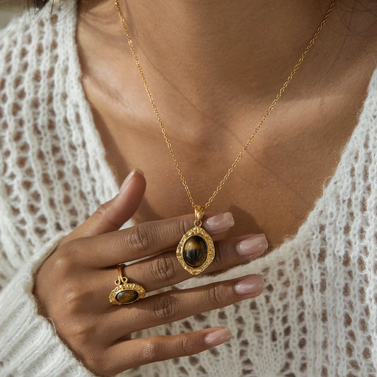 Premium 18K Verguld Tijgeroog Ketting, Oorbellen & Ring Set voor Dames – Waterdichte & Roestvrije Sieraden