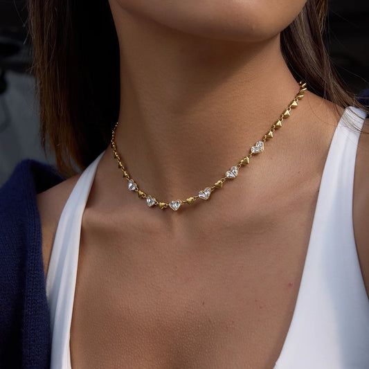18K Verguld Hart Ketting & Armband Set | Waterdichte CZ Kristal Hart Schakel Sieraden Set | Bijpassende Sierlijke Gouden Hart Set