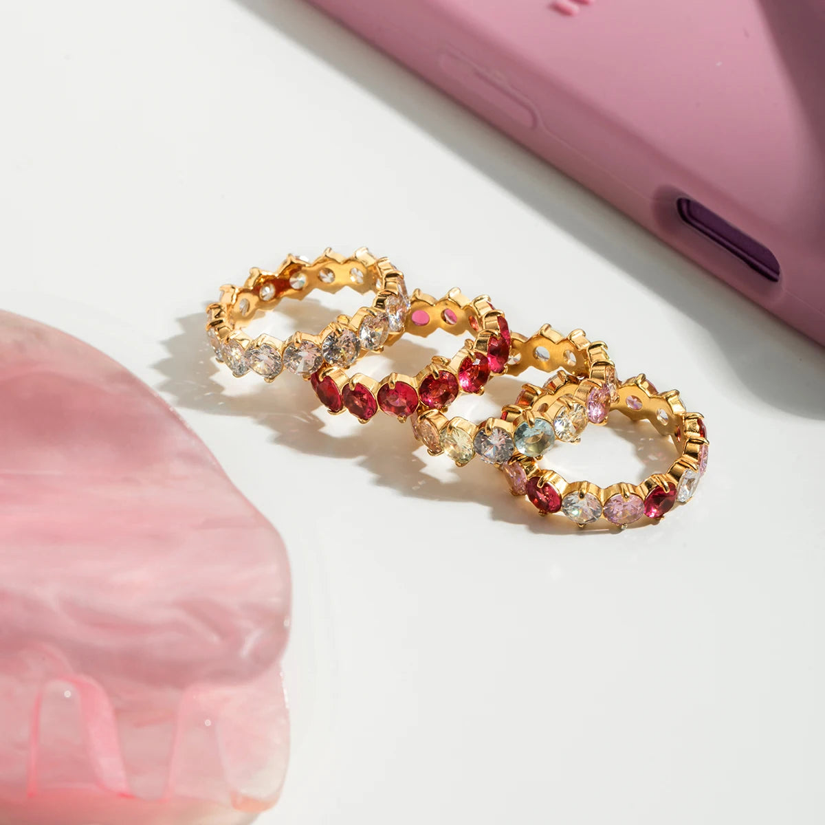 Luxurious Gold Plated Ruby Eternity Ring | Stackable Pink Gemstone Band | Dainty Full Circle Jewelry for Women