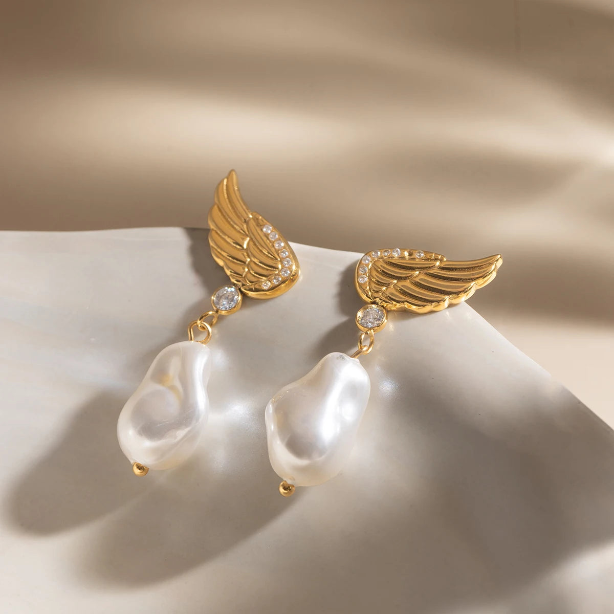 18K Gold Plated Angel Wing & Baroque Pearl Drop Earrings | Waterproof CZ Crystal Wing Stud with Pearl Dangle | Celestial Bridal Earrings