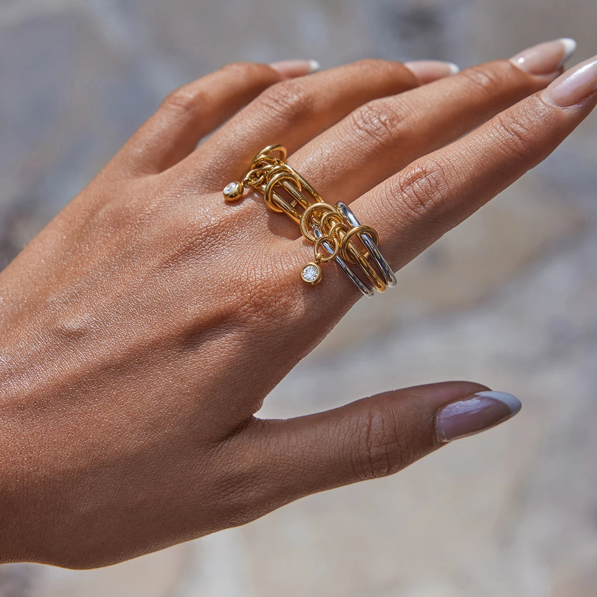 Multi-Band Dangle Charm Ring | Chunky Two-Tone or 18 K Gold Stackable Statement Ring | CZ Drop Waterproof Stainless Steel Jewelry