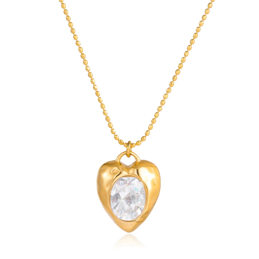 18K vergulde Puffy Heart CZ Hanger Ketting | Waterdichte Ovale Kristallen Hart bedel Ketting met balletjes | Subtiele Romantische Gouden Ketting