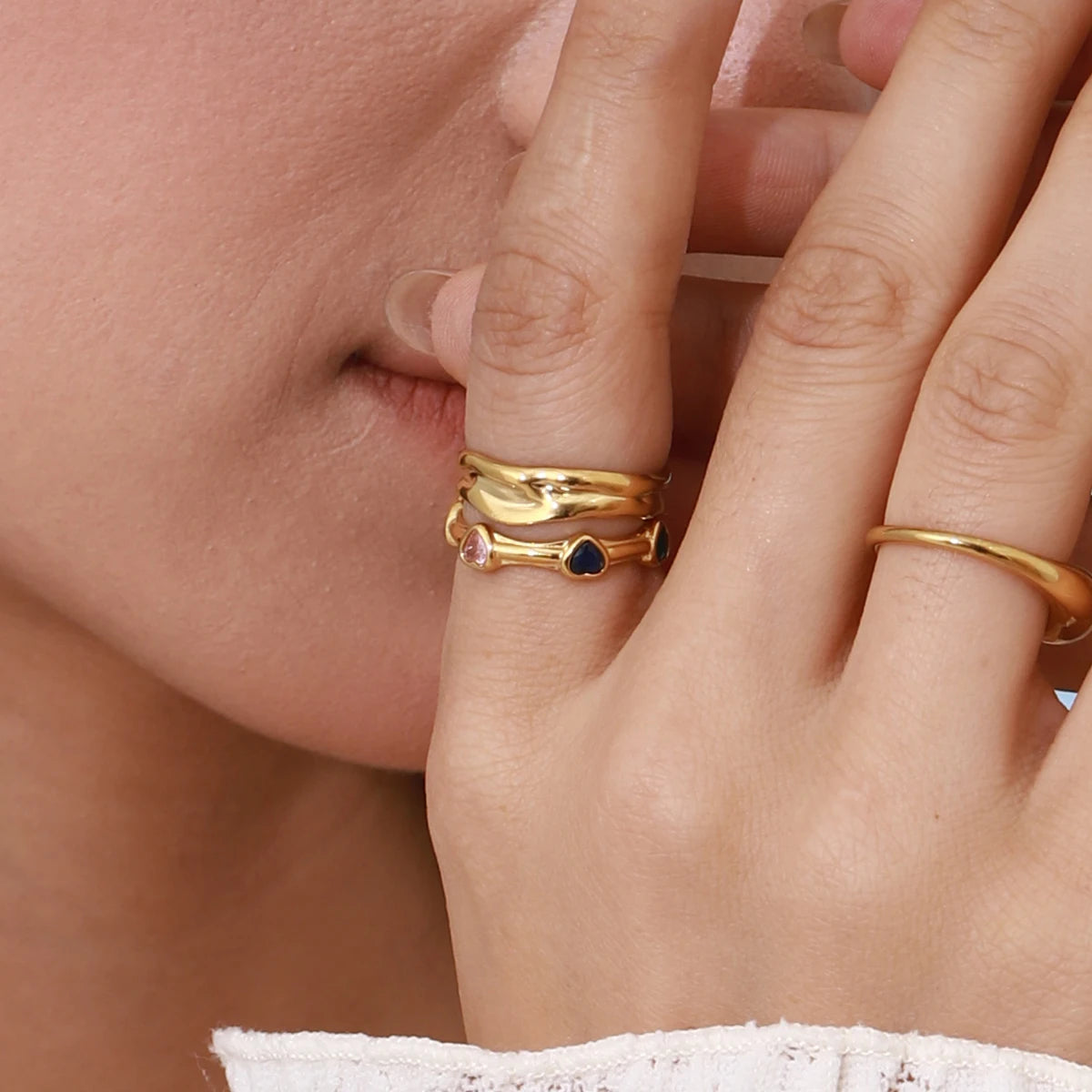 Rainbow Heart Gold Adjustable Ring – Multicolor Gemstone Band (Cute & Trendy)