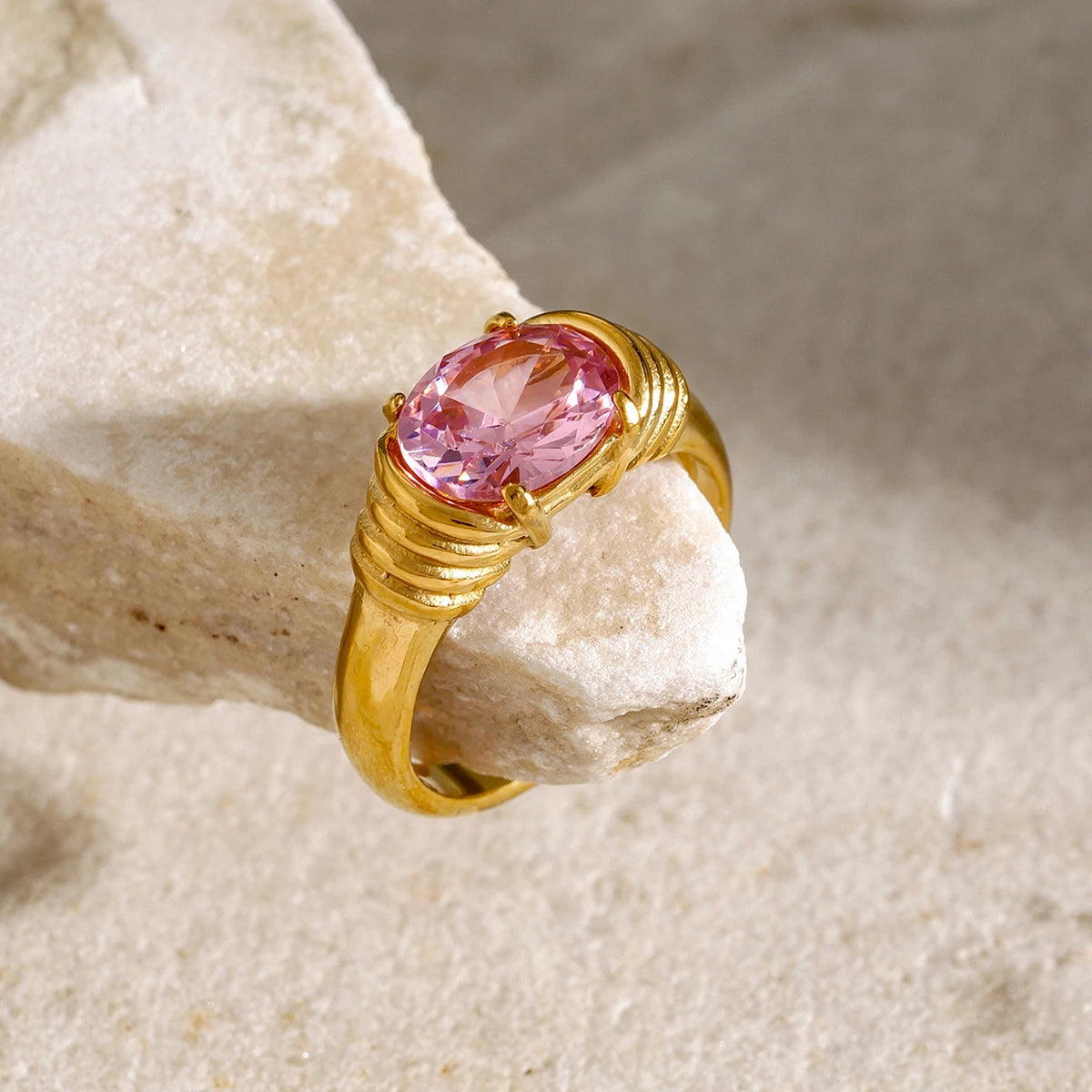 18K Gold Plated Oval Gemstone Ring – Waterproof, Tarnish-Free Statement Jewellery