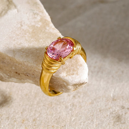 18K Gold Plated Oval Gemstone Ring – Waterproof, Tarnish-Free Statement Jewellery