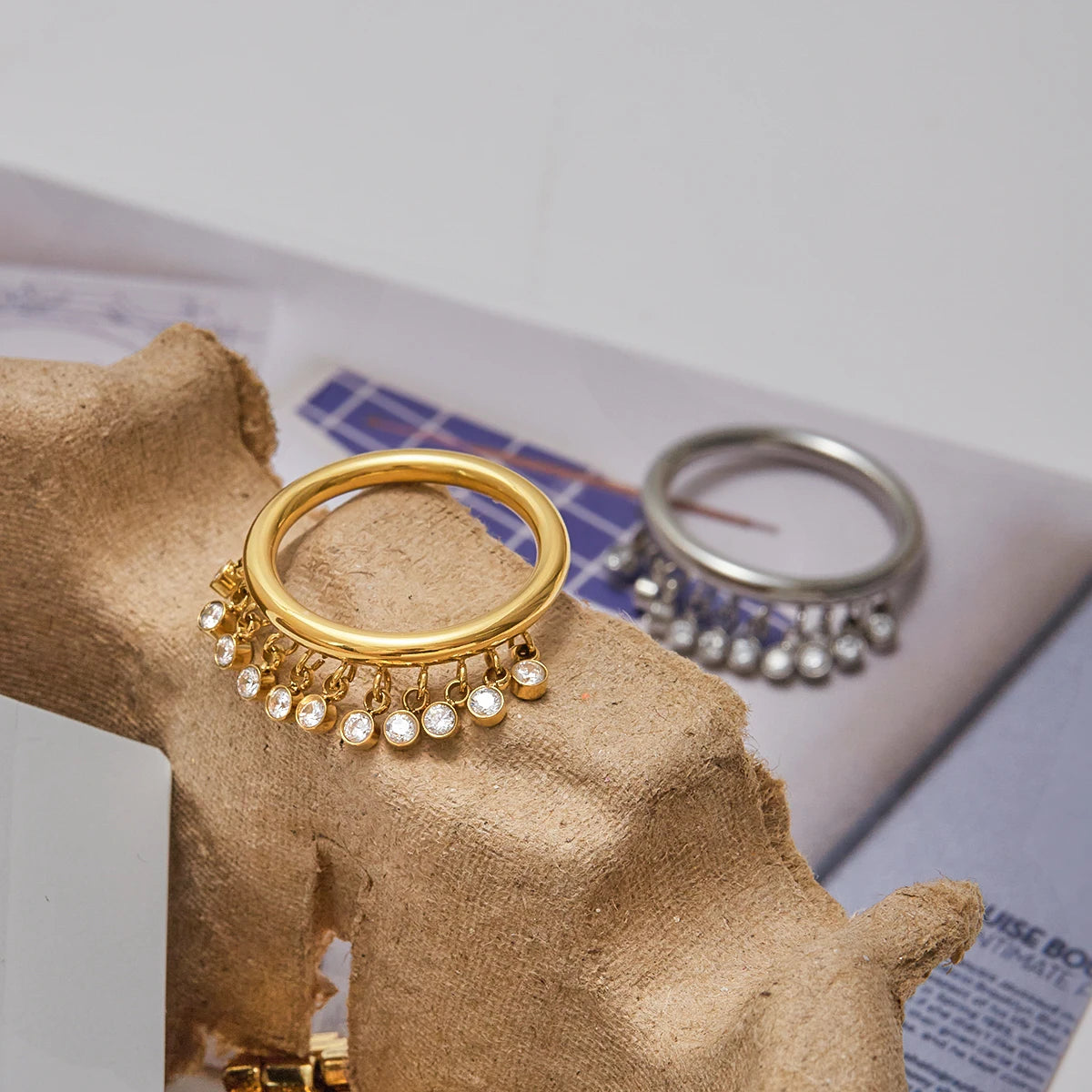 Dainty Dangle Charm Ring | 18K Gold Plated Tassel Ring with CZ Stones | Adjustable Waterproof Fashion Jewelry for Women
