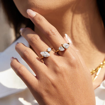 18K Gold Plated Double Stone CZ Open Ring | Waterproof Toi et Moi Ring | Round, Marquise & Pear Cut Diamond Style Ring