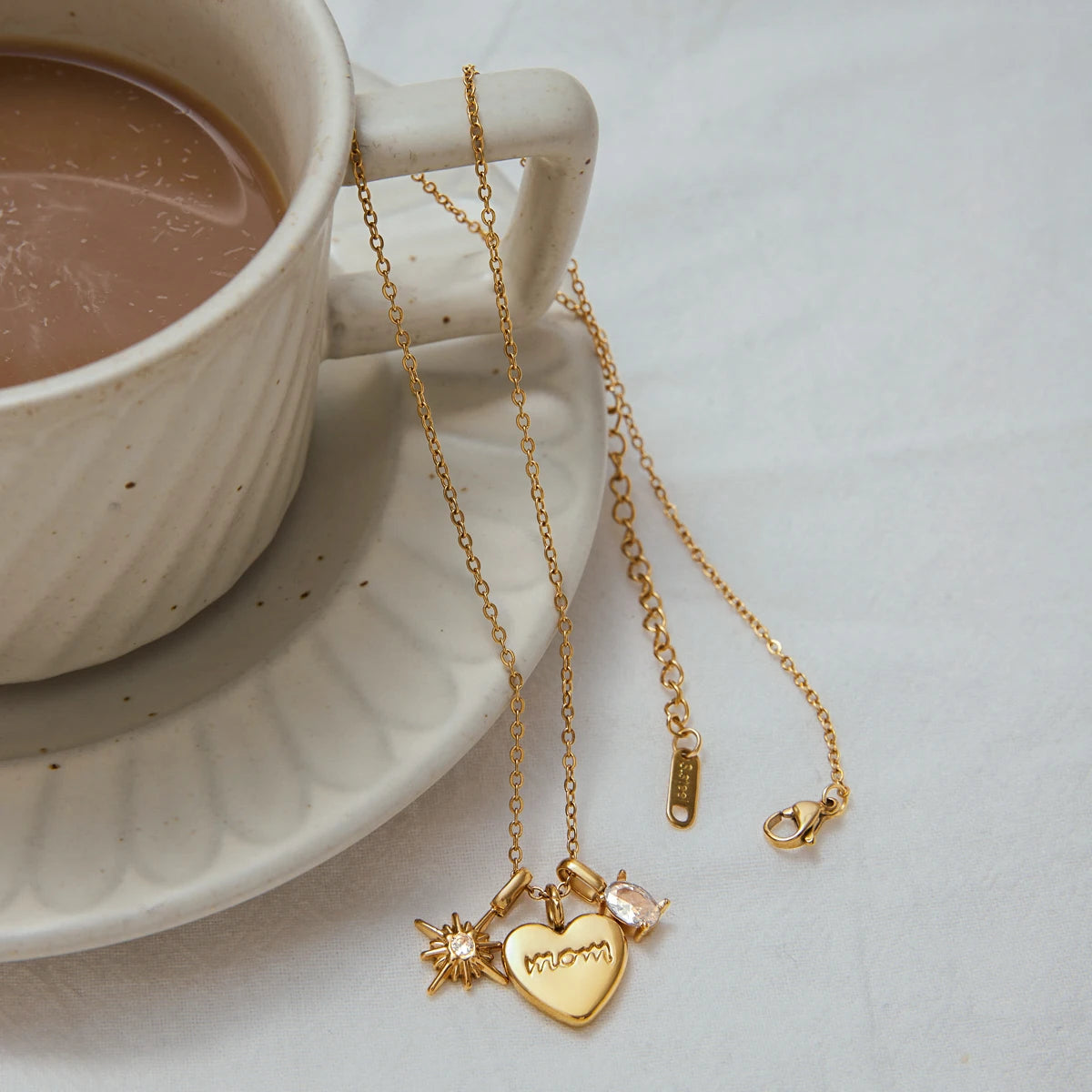 Dainty Gold "MOM" Heart Charm Necklace | Mother's Day Gift & Solitaire