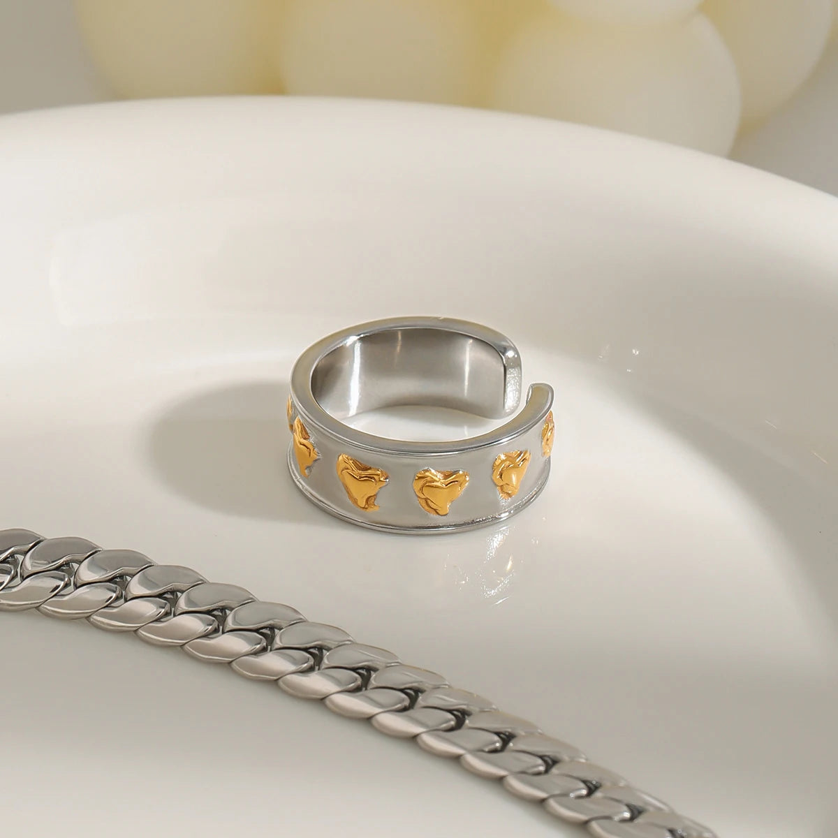 18K Gold Plated Two-Tone Heart Cuff Ring – Waterproof, Tarnish-Free Statement Jewellery
