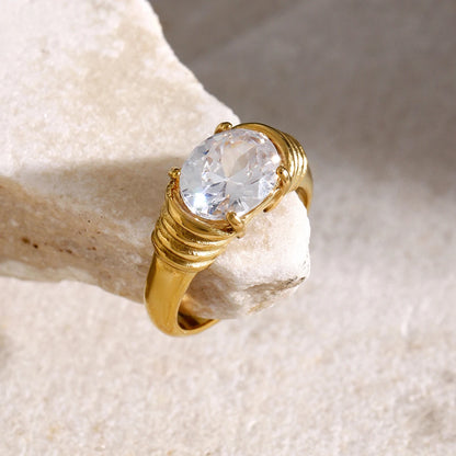 18K Gold Plated Oval Gemstone Ring – Waterproof, Tarnish-Free Statement Jewellery