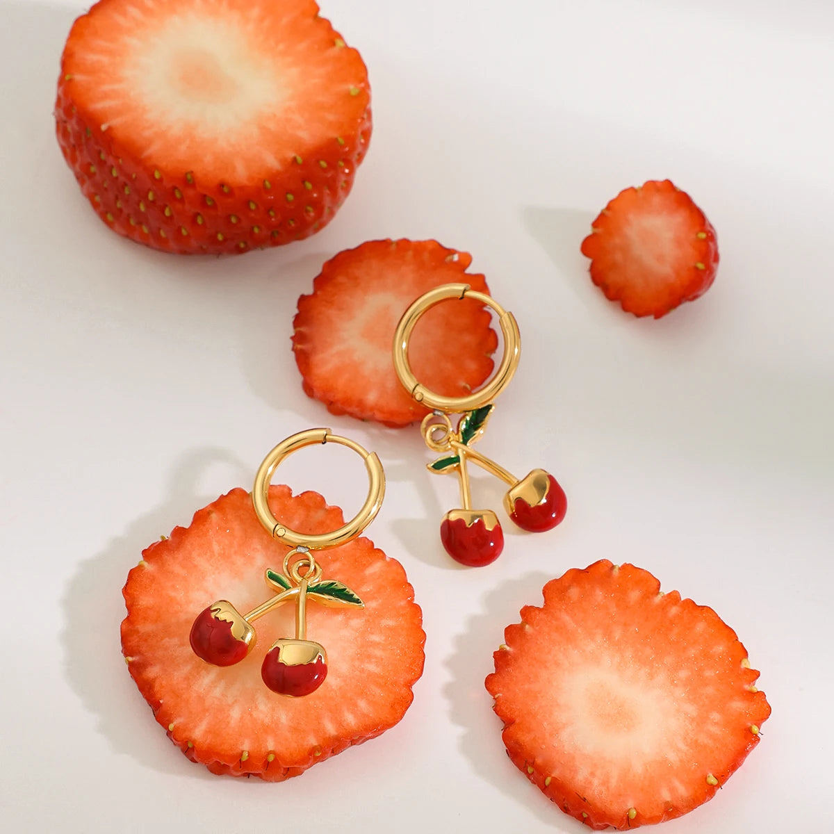 18K Gold Plated Cherry Hoop Earrings for Women – Waterproof Tarnish Free Stainless Steel Fruit Charm Jewellery