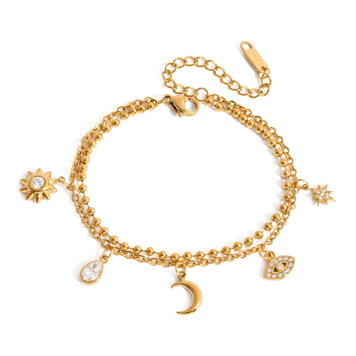 18K Gold Plated Celestial Charm Bracelet | Waterproof Double Layer Sun Moon Star & Evil Eye Bracelet | Boho Gold Charm Bracelet