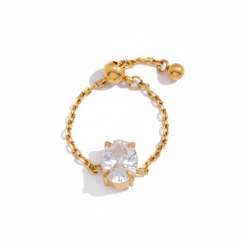 18K Gold Plated Adjustable Chain Ring with CZ Stone | Waterproof Dainty Gold Chain Ring | 6 Styles — Round, Heart, Square, Oval, Teardrop & Flower