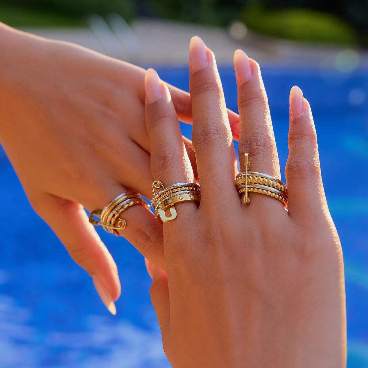 Edgy Safety Pin Stackable Ring Set | Mixed Metal Gold & Silver Tone Stainless Steel