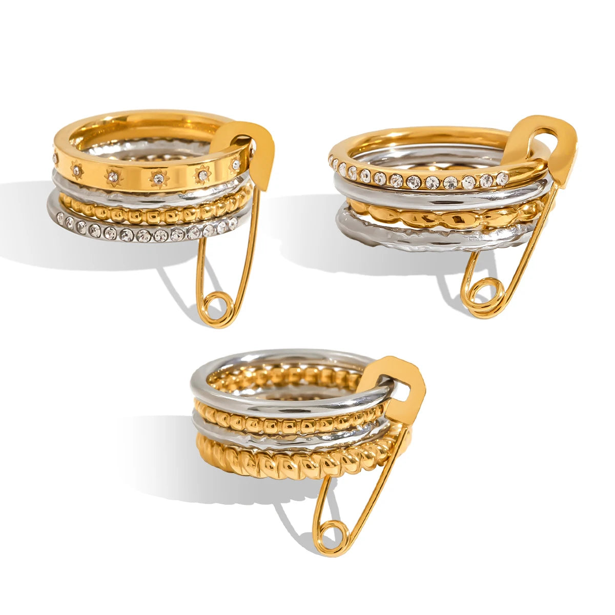 Edgy Safety Pin Stackable Ring Set | Mixed Metal Gold & Silver Tone Stainless Steel