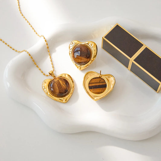 18K Verguld Tijgeroog Steen Ketting & Oorbellen Set | Natuurlijke Edelsteen Sieraden