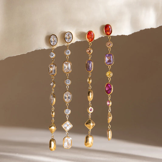 18K Verguld Regenboog Multi-Stone Lange Druppel Oorbellen | Waterdichte Kleurrijke Kristal Ketting Hanger Oorbellen | Luxe Statement Oorbellen