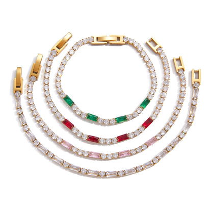 18K Vergulde Tennisarmband met Gekleurde Baguetsteentjes | Waterdichte Zirkonia Tennisarmband | Verkrijgbaar in Groen, Rood, Roze & Helder