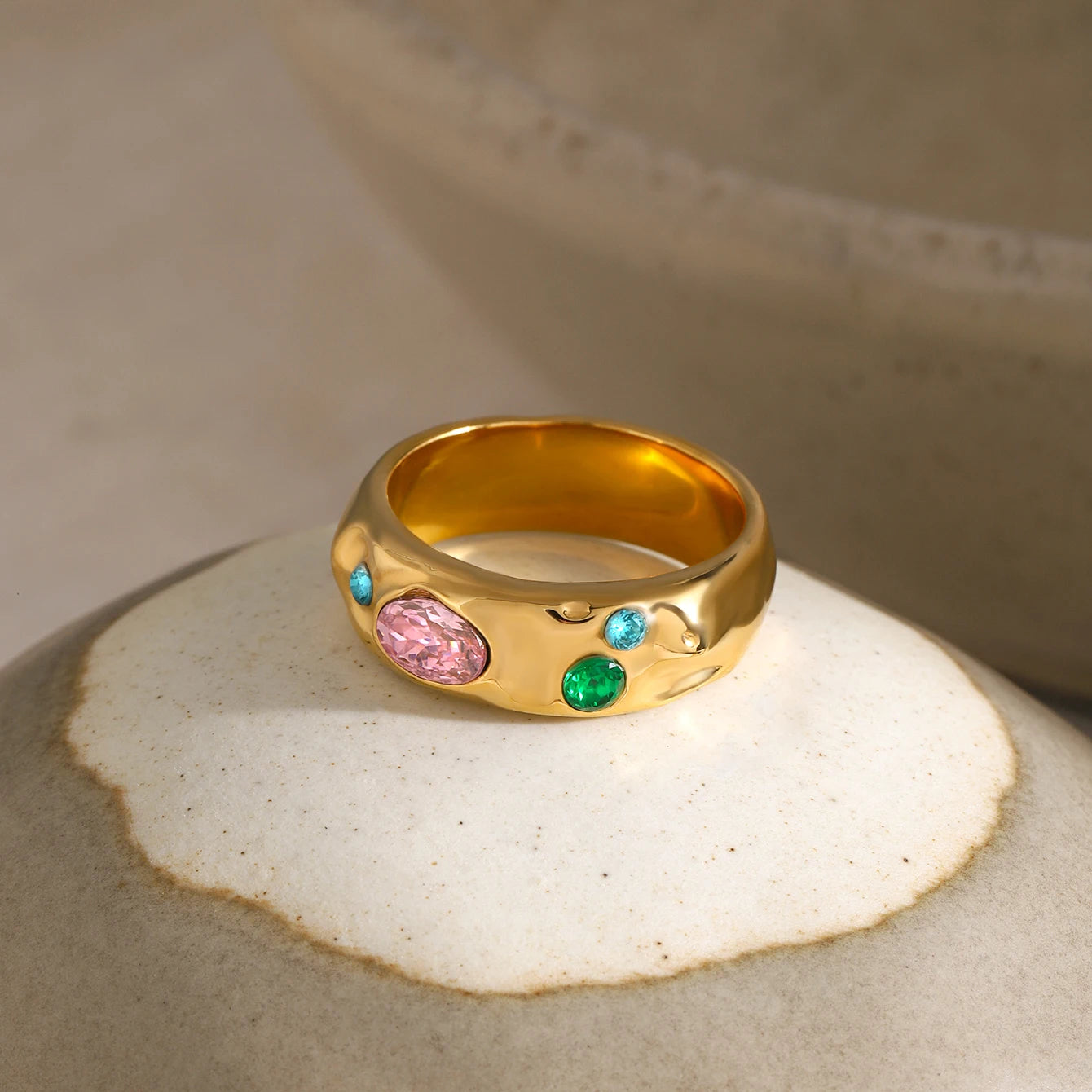 18K Gold Plated Wide Band Gemstone Ring – Waterproof, Tarnish-Free Statement Jewellery (Gold & Silver)