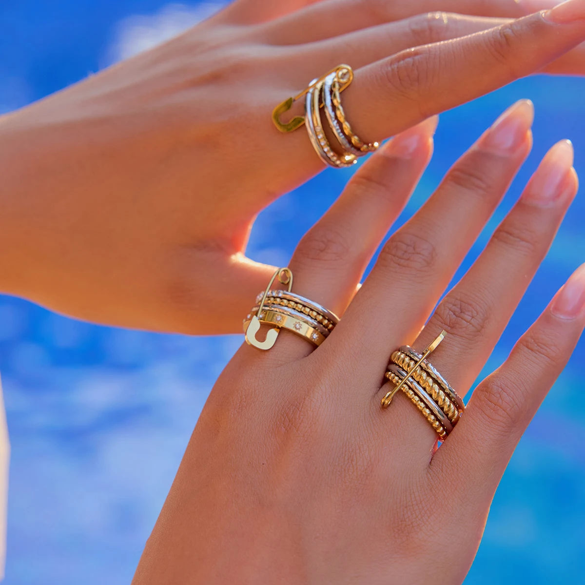 Edgy Safety Pin Stackable Ring Set | Mixed Metal Gold & Silver Tone Stainless Steel