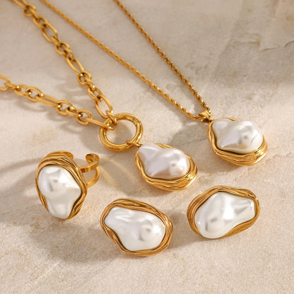 Premium 18K Gold Plated Pearl Necklace, Earrings & Ring Set for Women – Waterproof & Tarnish-Free Luxury Jewellery & Jewelry