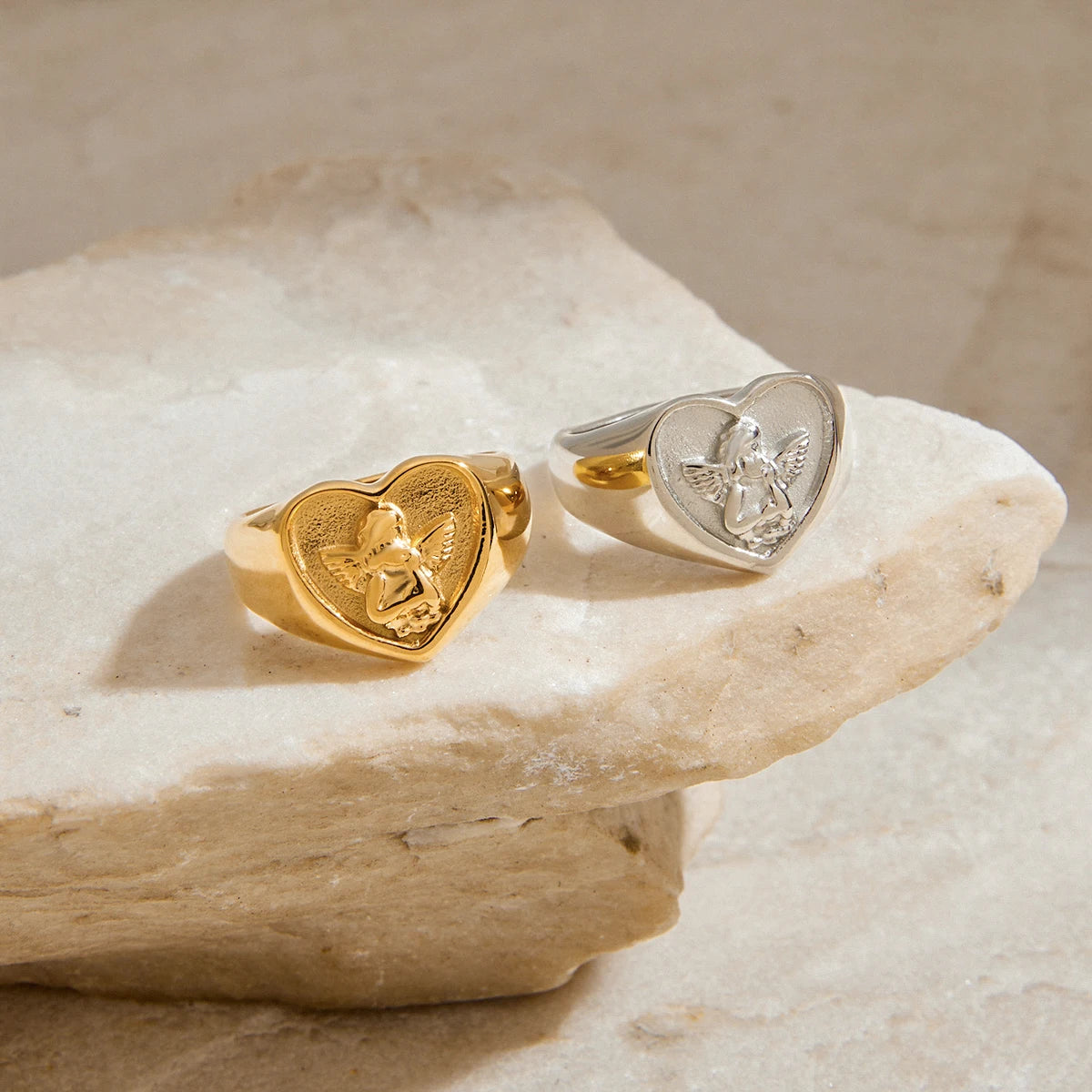 Vintage Cherub Hart Ring | Verguld & Verzilverd Engelen Ring | Waterdichte Chunky Esthetische Statement Sieraden