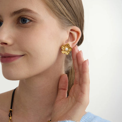 Gold Plated Flower Pearl Clip-On Earrings for Women – Waterproof Tarnish Free Stainless Steel Fashion Jewellery