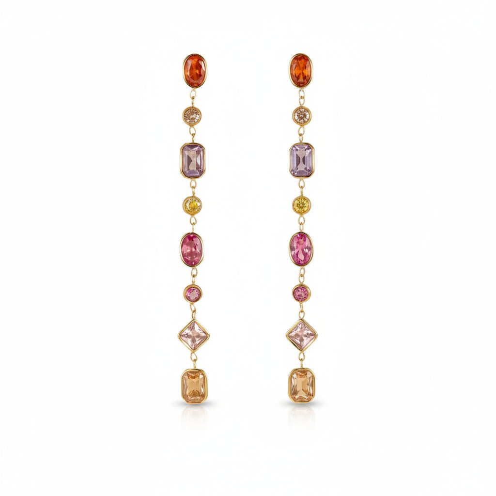 18K Gold Plated Rainbow Multi-Stone Long Drop Earrings | Waterproof Colourful Crystal Chain Dangle Earrings | Luxury Statement Earrings
