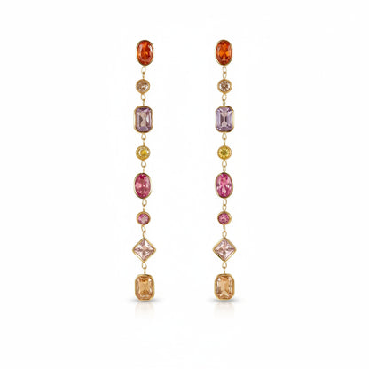 18K Gold Plated Rainbow Multi-Stone Long Drop Earrings | Waterproof Colourful Crystal Chain Dangle Earrings | Luxury Statement Earrings