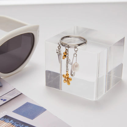 Chic & Trendy Dangle Charm Ring Set - Stackable Gold and Silver Stainless Steel