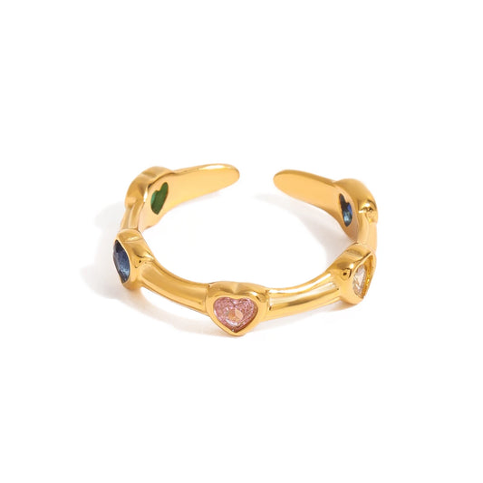 Rainbow Heart Gold Adjustable Ring – Multicolor Gemstone Band (Cute & Trendy)