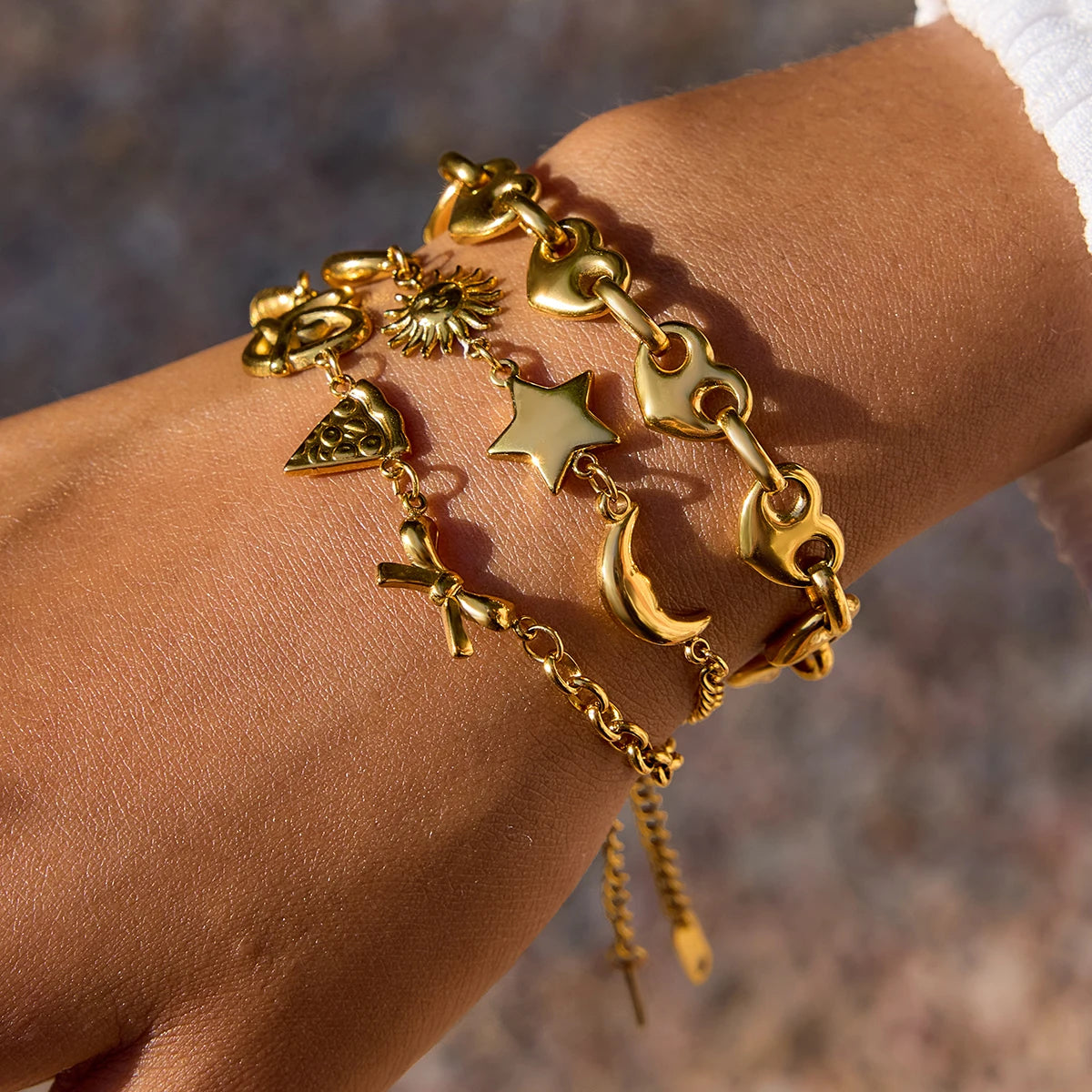 Gold Plated Sun Moon Charm Bracelet for Women | Waterproof & Tarnish-Free Stainless Steel Jewelry