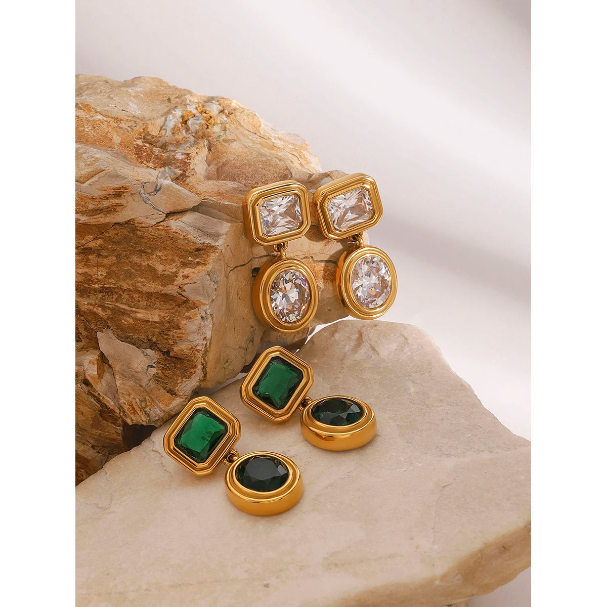18K Gold Plated Geometric Drop Earrings for Women – Waterproof Tarnish Free Stainless Steel (Green or Clear Stone)