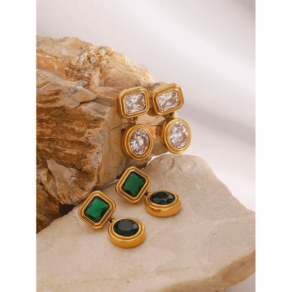 18K Gold Plated Geometric Drop Earrings for Women – Waterproof Tarnish Free Stainless Steel (Green or Clear Stone)