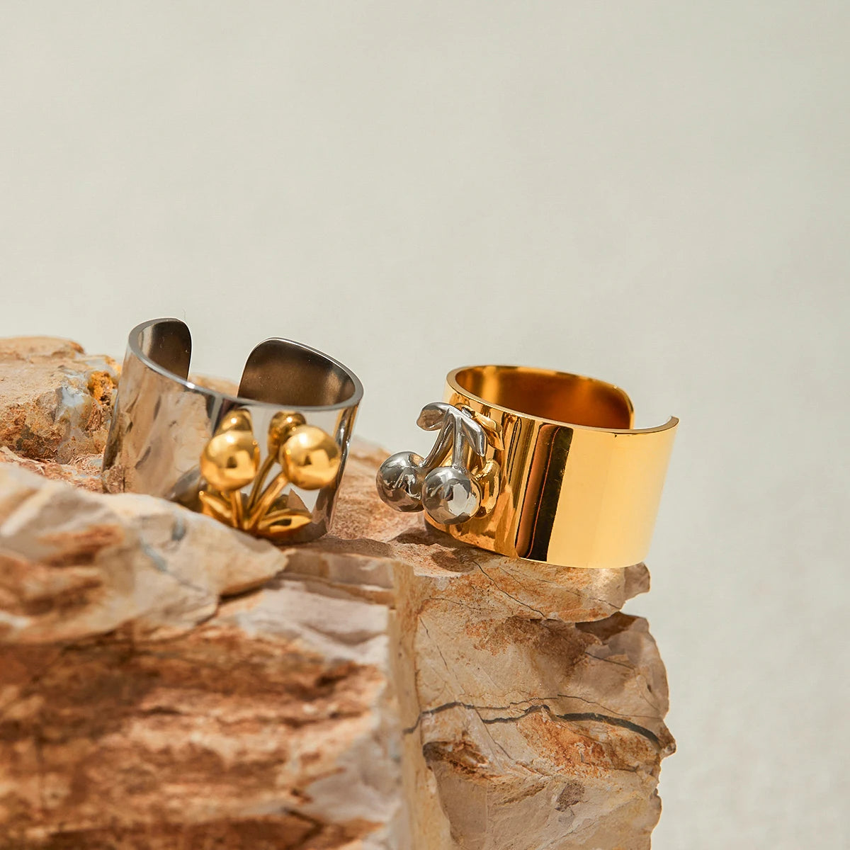 Chunky Two-Tone Gold & Silver Stainless Steel Statement Ring | Modern Wide Band Heart & Cherry Design | Waterproof Bicolor Fashion Jewelry